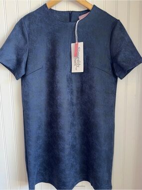 Sincerely Ours Short-Sleeve Mini Dress in Navy Snake Suede